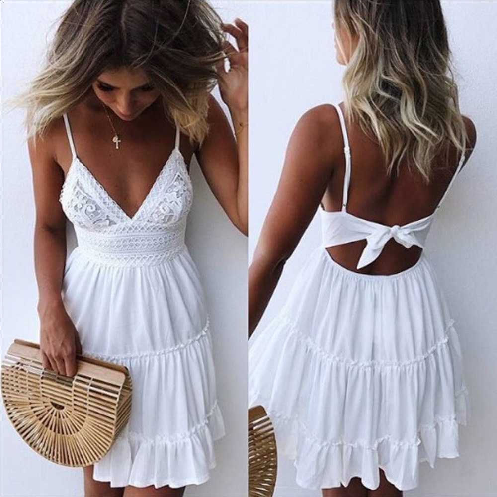 New Women White lace front Sexy Tie back dress